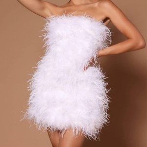 white feather fur dress